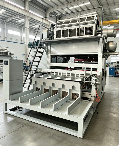 Linea di produzione di vassoi per uova ad alta capacità con sistemi completi di formatura della polpa, essiccazione e impilamento che producono 5000 vassoi di carta all'ora